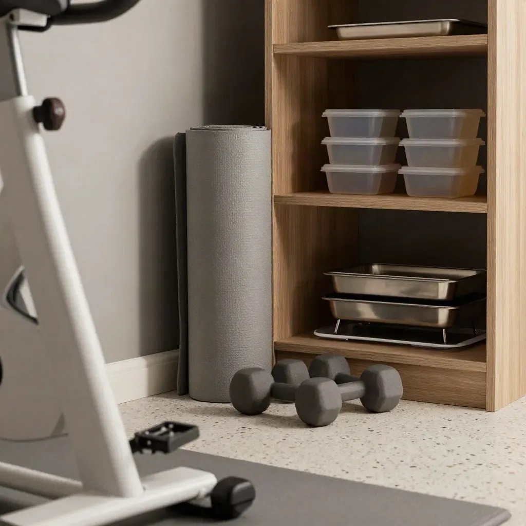 Sudut kecergasan apartmen dengan basikal senaman, tikar, dumbel dan rak meal prep.