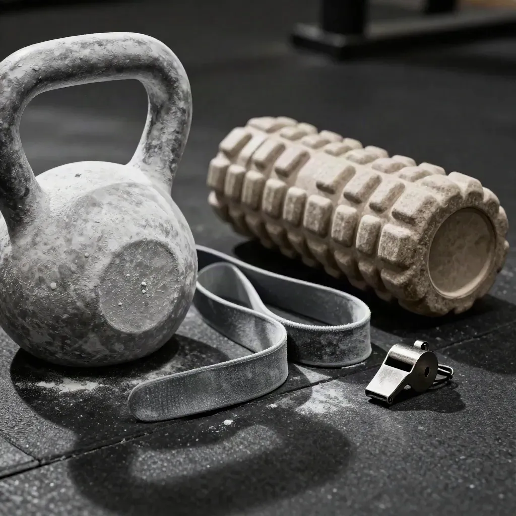 Beban kettlebell berkapur, band mobiliti, foam roller dan wisel di lantai gim.