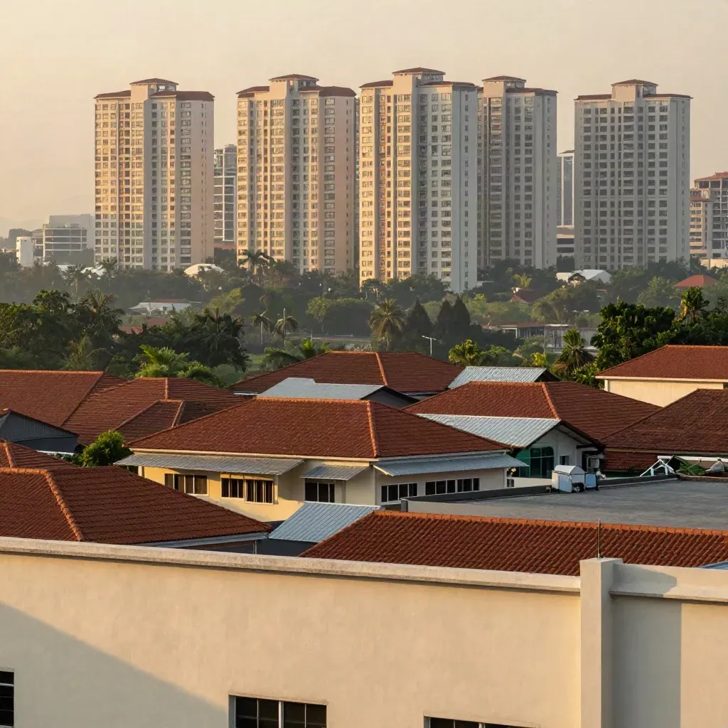 Rooftops Petaling Jaya waktu emas dengan langit berkabus dan jalur taman hijau lembut.